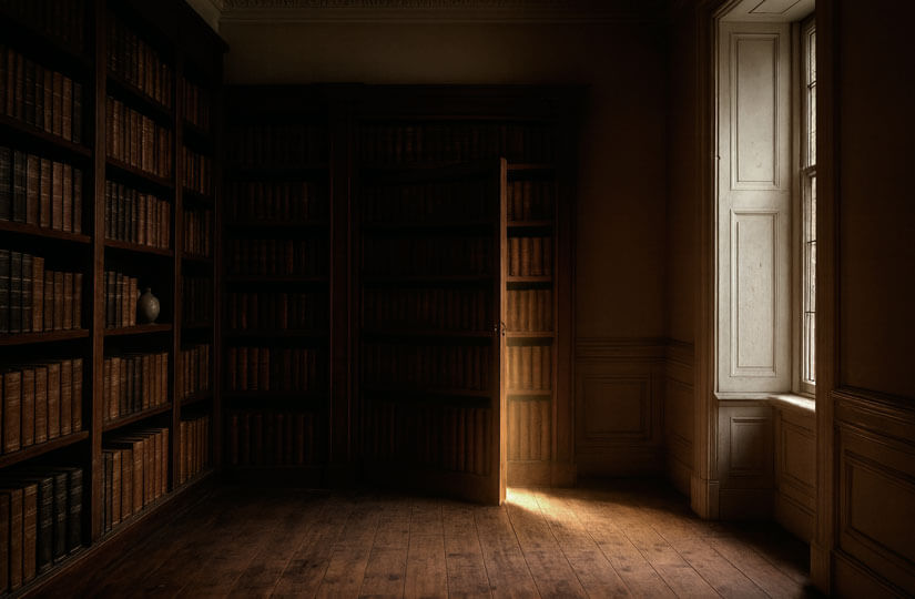 Librería antigua con puerta secreta representando la evolución de las puertas secretas