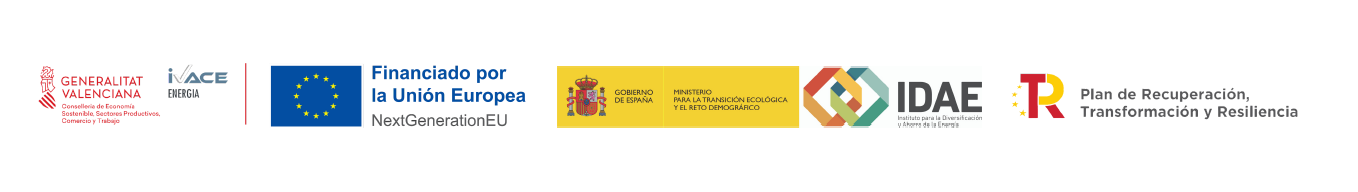 Logos oficiales NextGenerationEU, Generalitat Valenciana, IVACE, Ministerio para la Transición Ecológica, IDAE y PRTR