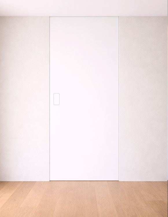 Simulación puerta enrasada corredera cerrada, con herraje que ajusta a la pared
